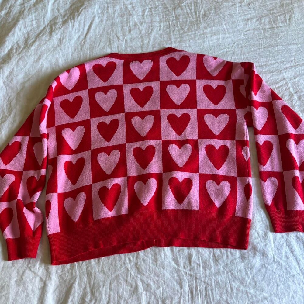 33 Degrees Pink and Red Checkered Heart Pattern Cardigan Sweater Size Large - Picture 7 of 7